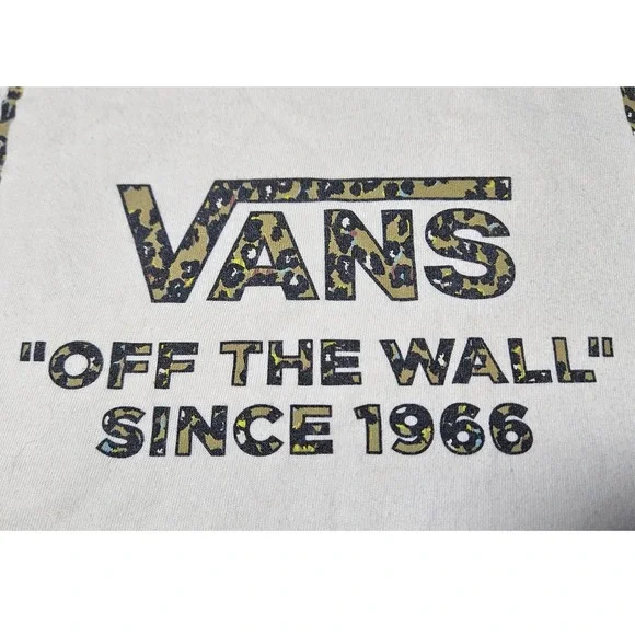 Vans Off The Wall Womens Ringer T-Shirt Cream Leopard Print Graphic Logo Medium - Picture 2 of 9